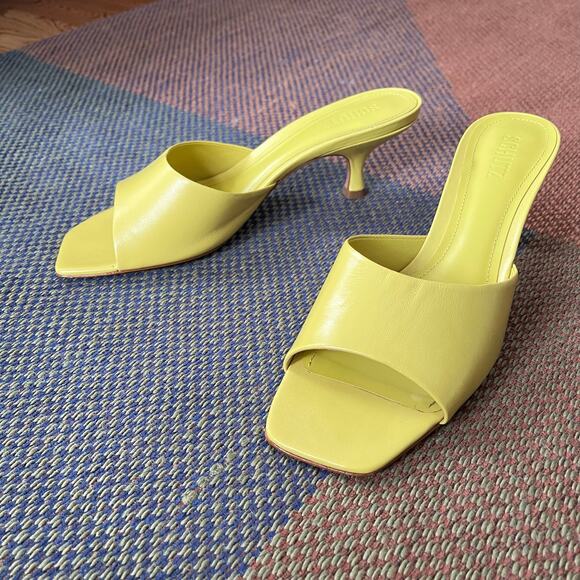 Schutz Dethalia Leather Mules Heels in Citrus Yellow - Picture 4 of 9